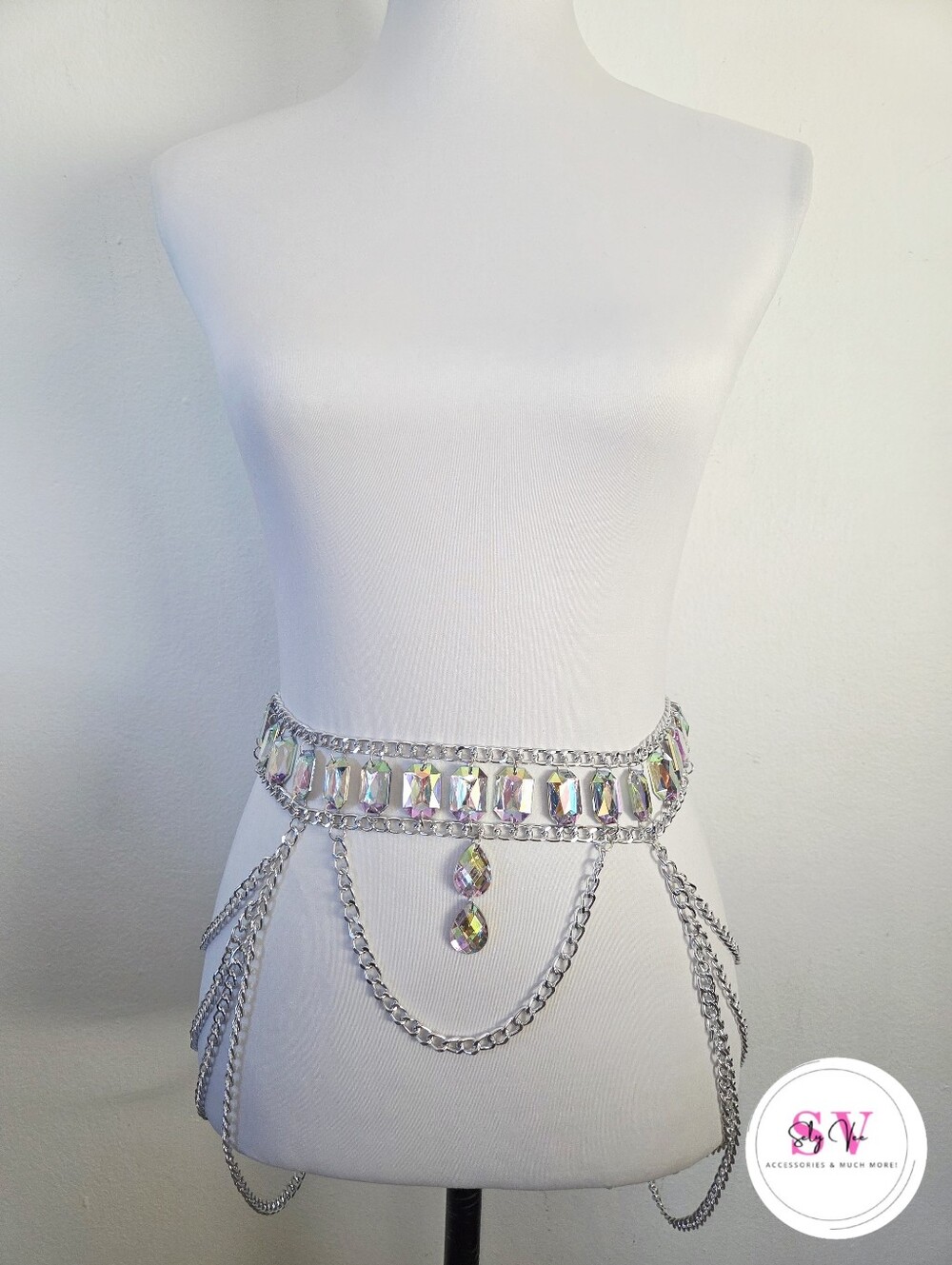 Silver multilayer layer chain belt with rhinestones